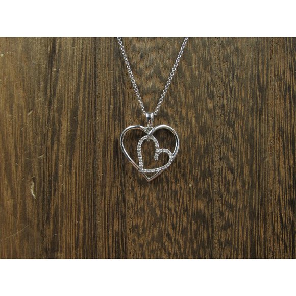 Jewelry - 18" Sterling Silver Diamond Chip Heart In Heart Necklace Vintage Minimalist